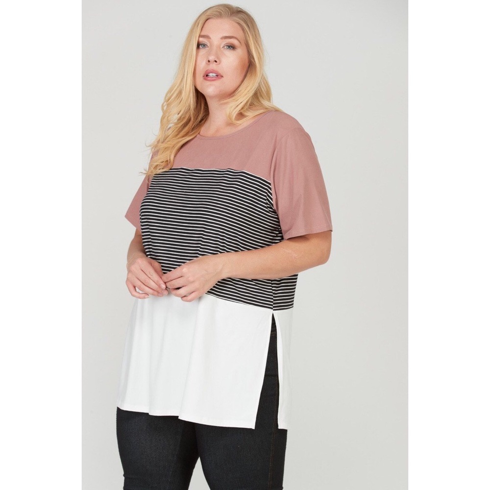 Mauve Color Block Striped Side Slit Top